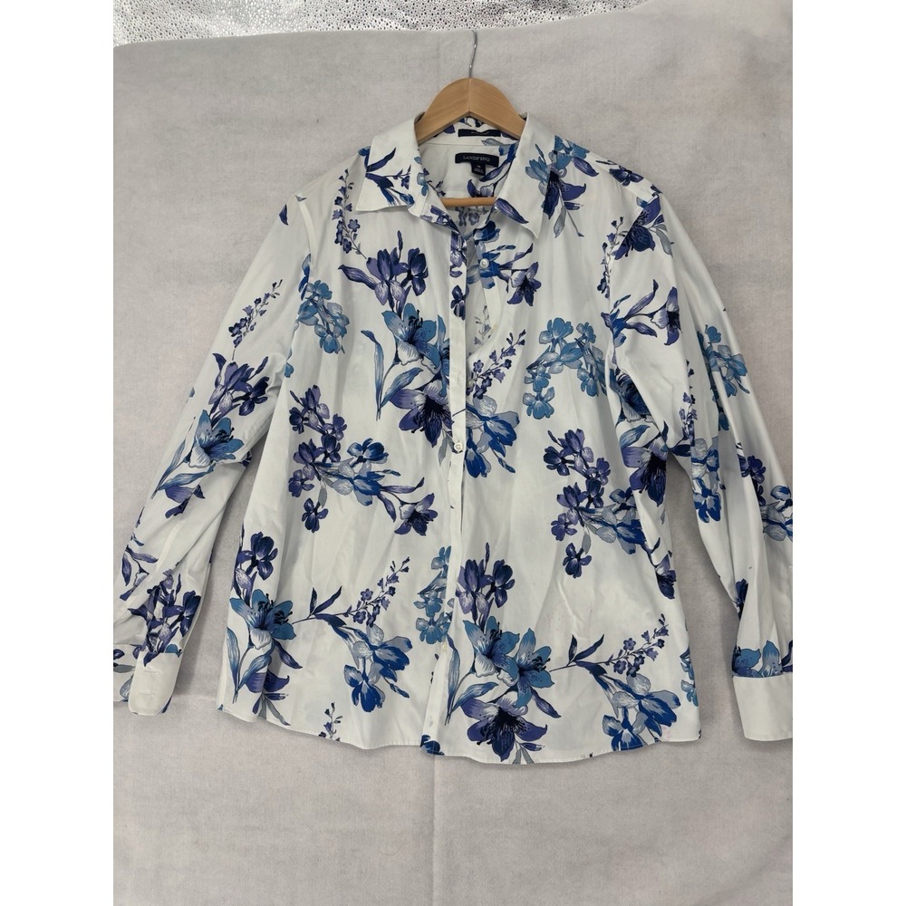 Lands' End Women's 18W Button-Up Top Blue & White Floral L/SL Cotton